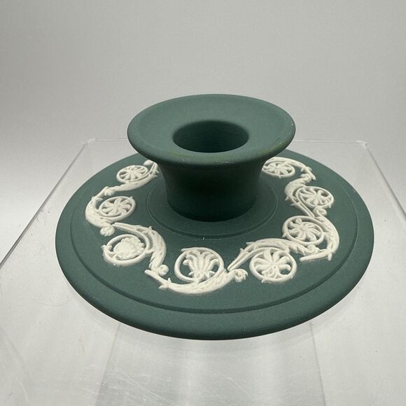 Wedgwood Jasperware Teal Single Candle Holder Circles Flowers England 1985 - Picture 1 of 7
